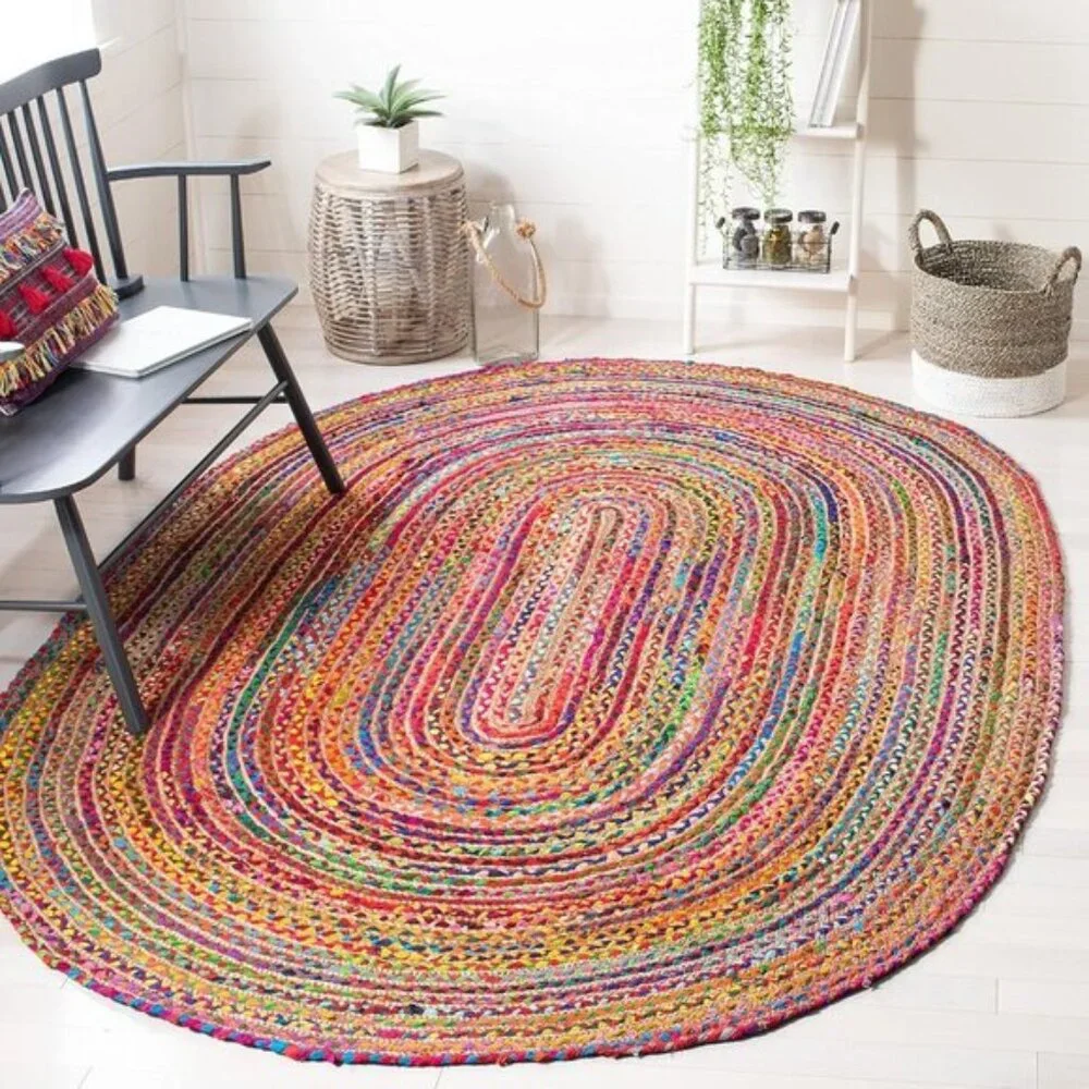 New 6x9 Oval Cape Cod Rug, Handmade Braided Jute & Cotton Carpet - Red & Multi